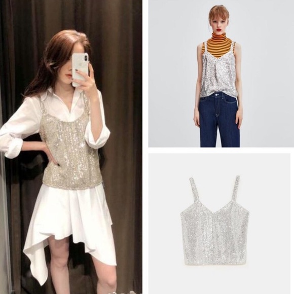 zara silver sequin top